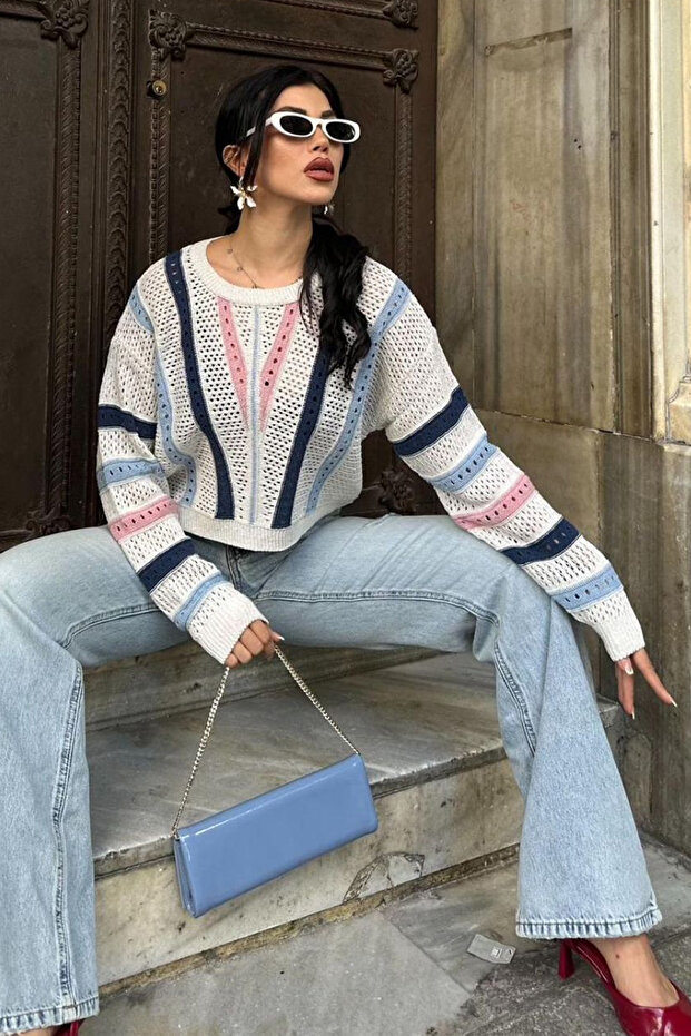Women's Colorful Striped Open Knit Sweater – Comfortable & Bohemian Style