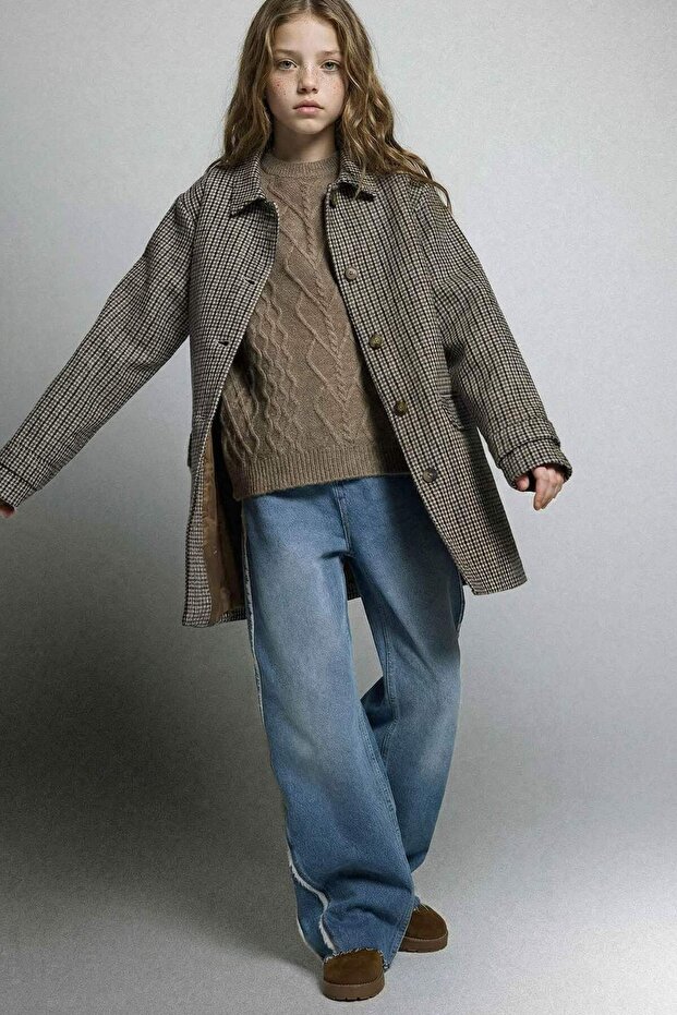 Jacket with Collar and Buttons, Checkered Cashmere Coat for Girls G2580A825Wn