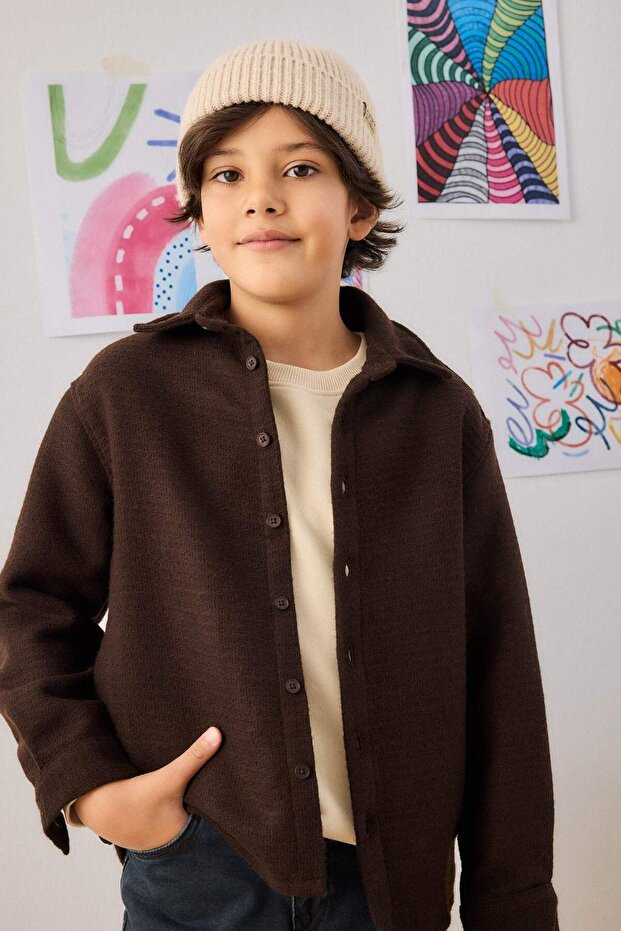 Oversized Wide Fit Polo Collar Waffle Long Sleeve Shirt Boys G3710A825CW