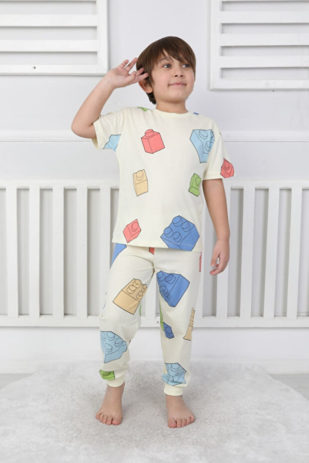 Boy's Game Blocks Patterned Short Sleeve Summer Pajama Set 100% Cotton Single Jersey Combed Cotton