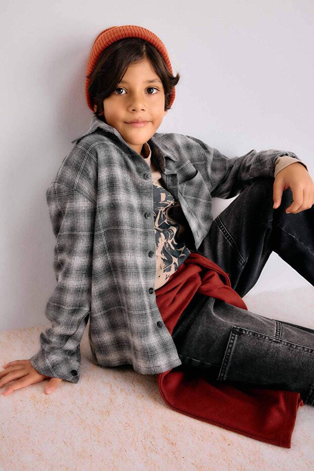 Overshirt Fit Polo Collar Checked Flannel Long Sleeve Shirt Boys G1970A825Au