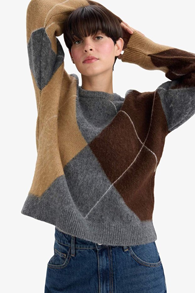 Relax Fit Sweter z golfem i wzorem baklava G2185AX25WN - 3