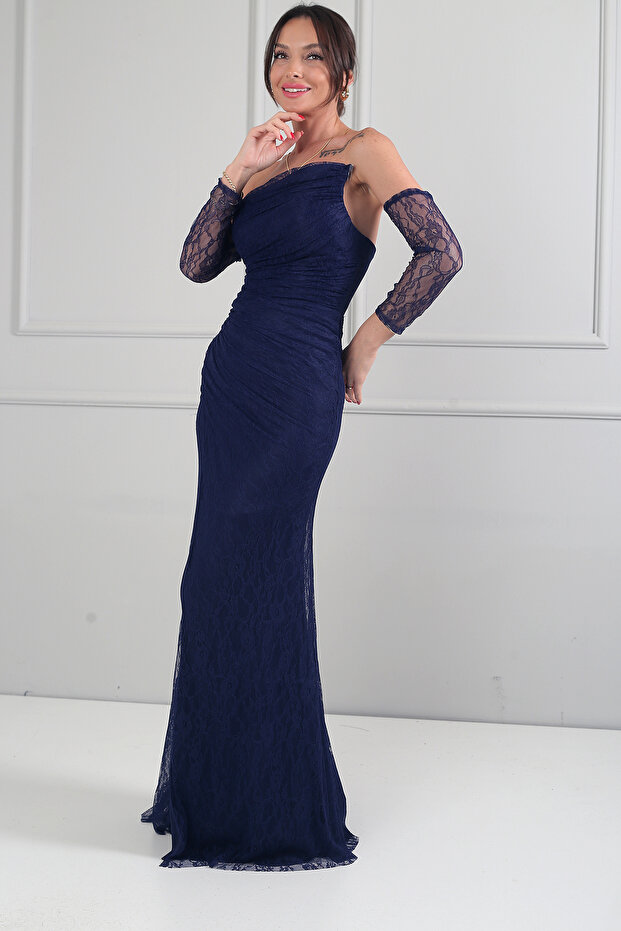 Women's 3-Piece Design Evening Dress Strapless Front Ruched Lined Long Dress Mock Neck Lace Blouse
