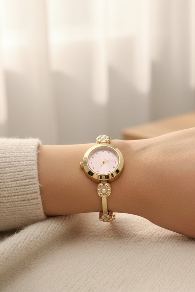 Style Pearl/Gold Luxury Watch, Pearl Pink Zircon Stone Steel Watch