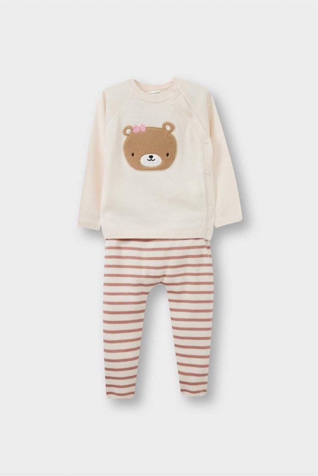 2-Piece Set Bear Printed Knitwear Buttoned Cardigan Striped Bottom Baby Girl F3222A525Wn