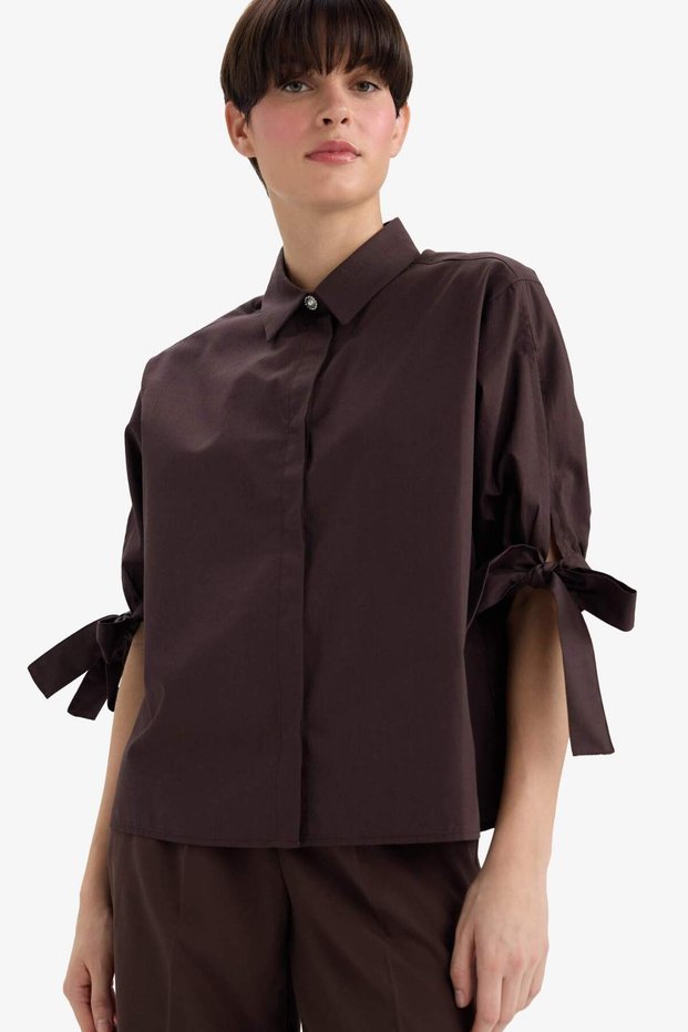100% Cotton Regular Fit Poplin Shirt with Tie Detail F9139Ax25Wn