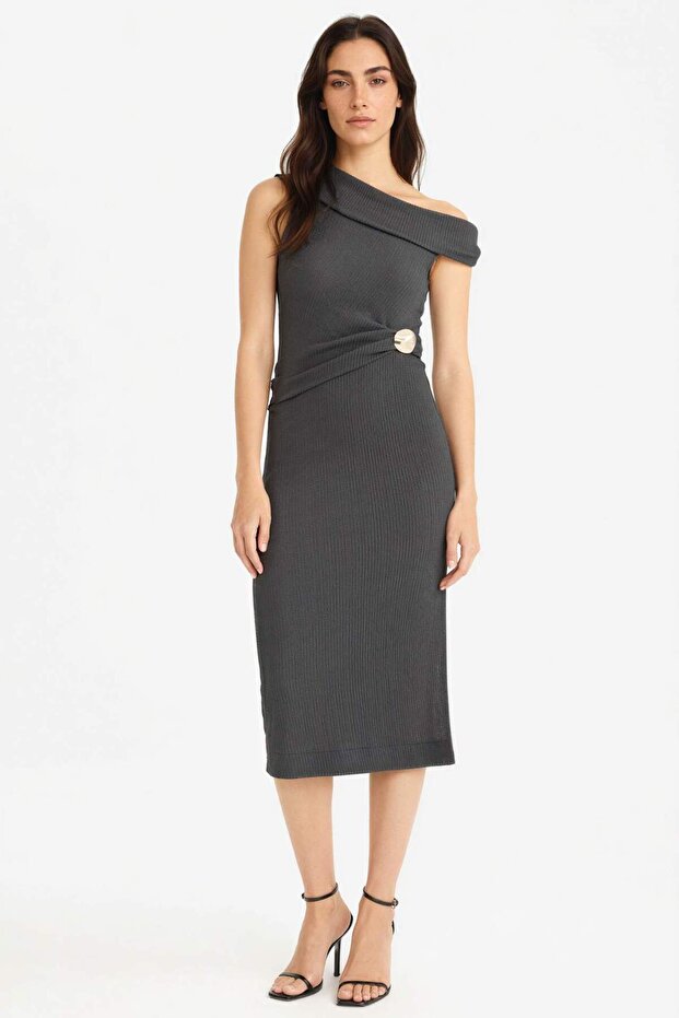 Regular Fit Wrinkled Textured One-Shoulder Midi Dress F9239Ax25Au