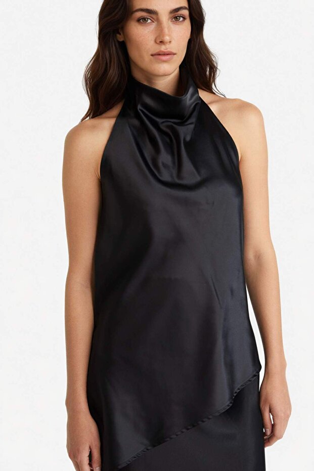 Regular Fit Drape Collar Satin Sleeveless Blouse G2999Ax25Au