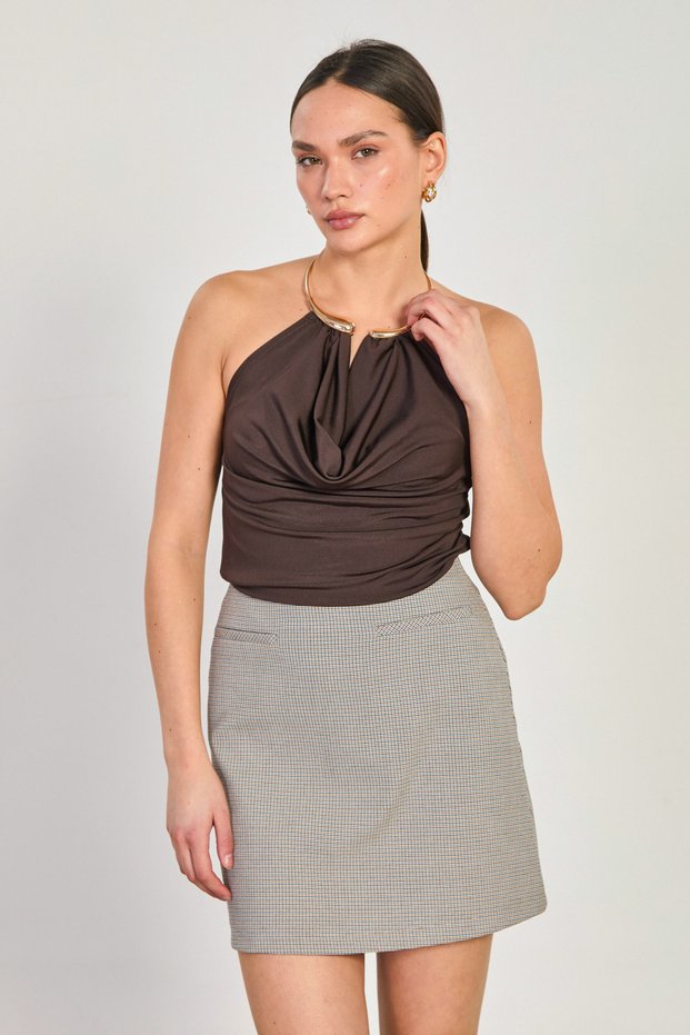 Women's buckled halter neck blouse - dark brown