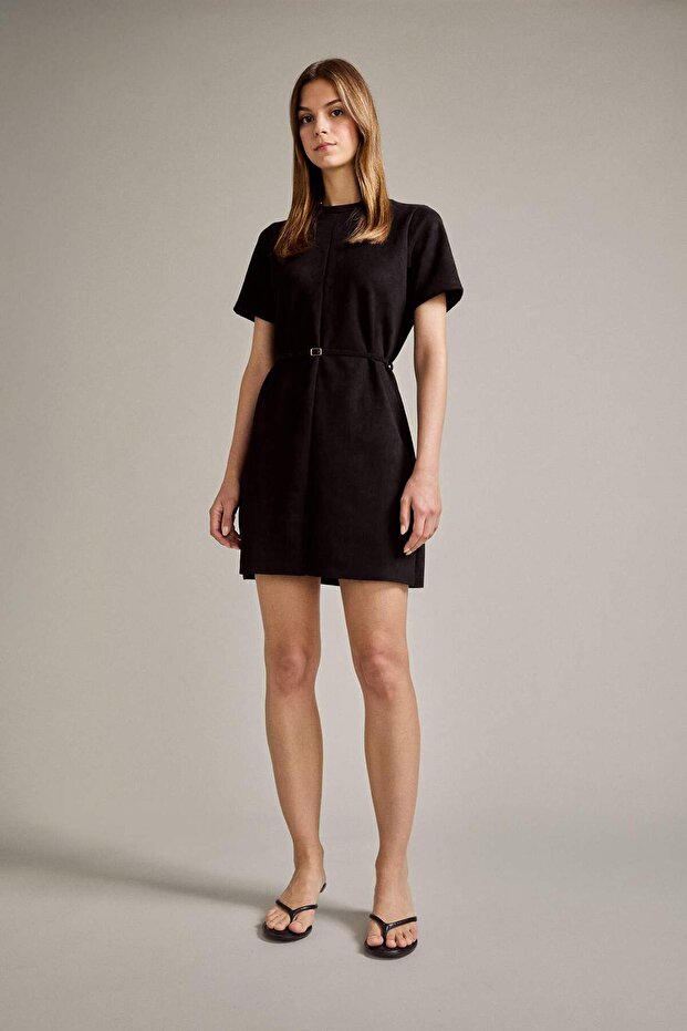 Crew Neck Belted Short Sleeve Mini Suede Dress G2750Ax25Au