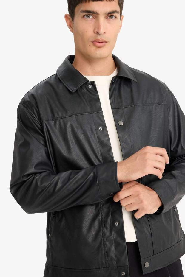 Water Repellent Regular Fit Snap Fastener Faux Leather Inner Pocket Jacket Coat F9779Ax25Wn
