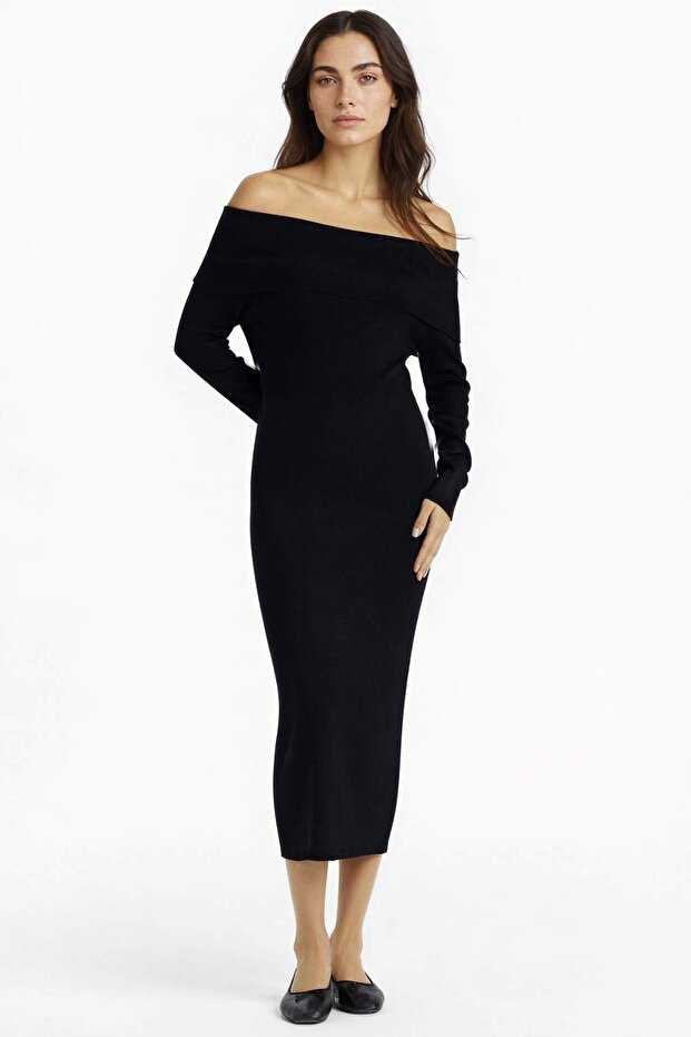 Fitted Open Shoulder Ribbed Long Sleeve Midi Dress D6840Ax25Au