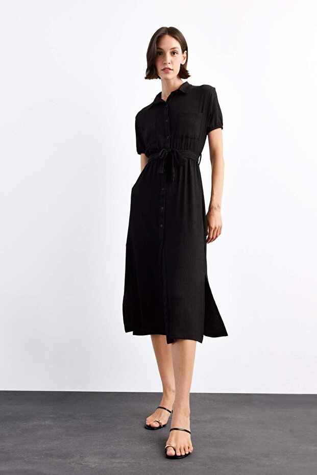 Shirt Collar Belted Short Sleeve Midi Dress G1060Ax25Sm