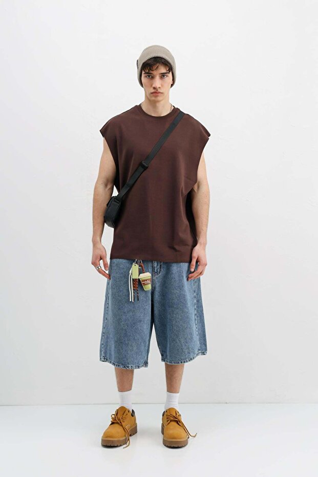 Oversized Sleeveless Basic T-Shirt Brown - 2