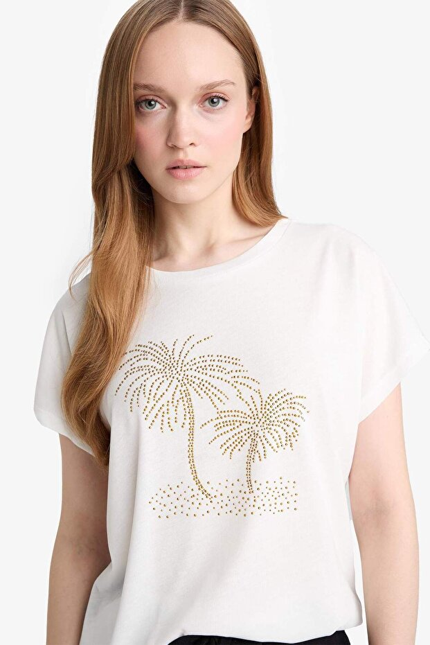Crew Neck Stone Printed Short Sleeve T-Shirt F9593Ax25Au