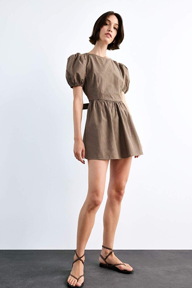 100% Cotton Fitted Checkered Poplin Short Sleeve Mini Dress F9944Ax25Sm