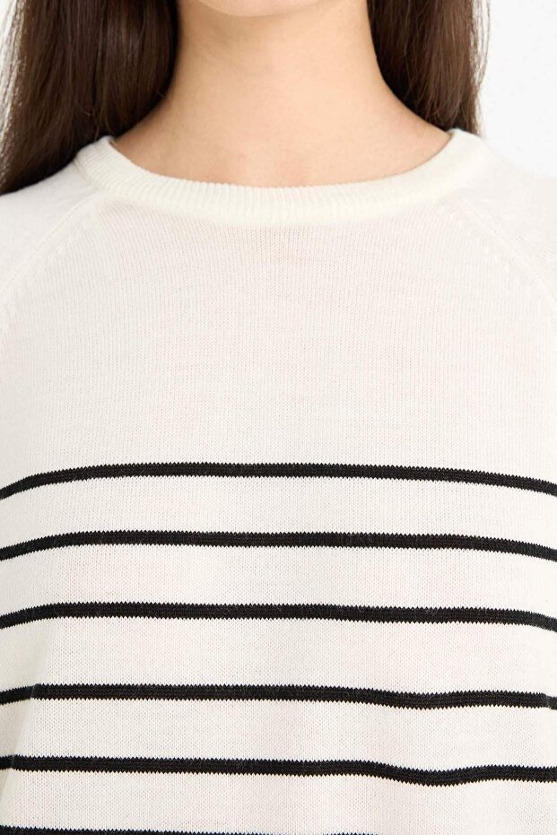 Gestreifter Strickpullover mit normaler Passform und Rundhalsausschnitt E8486AX25WN - 5
