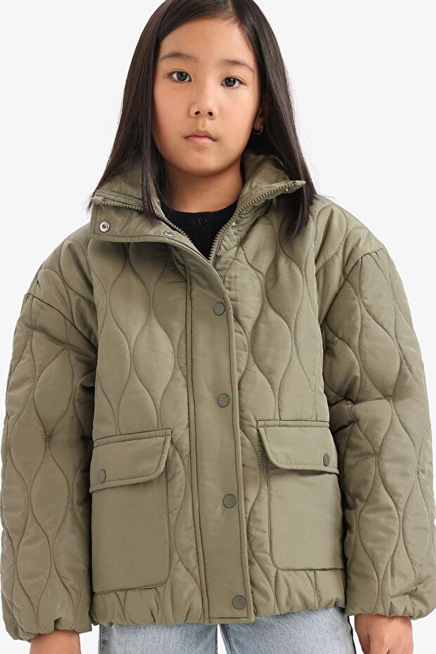 Waterproof Quilted Zippered Snap Fastener Coat Girls E7039A825Au