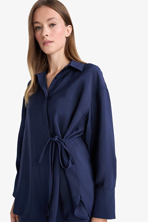 Relax Fit Modal Front Tie-Up Long Sleeve Shirt Tunic F1358Ax25Au