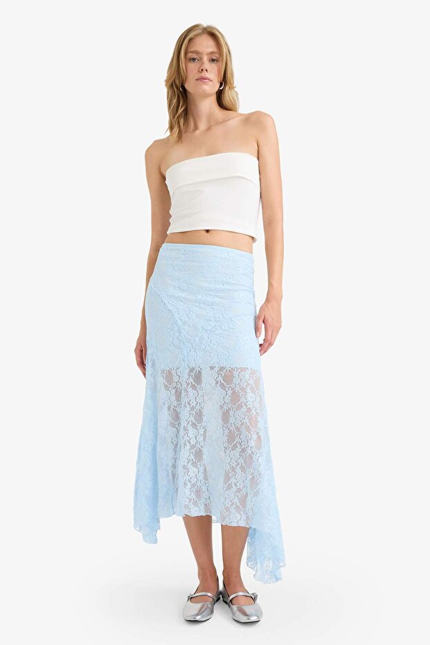 Elastic Waist Half Lining Lace Midi Skirt F8041Ax25Sm