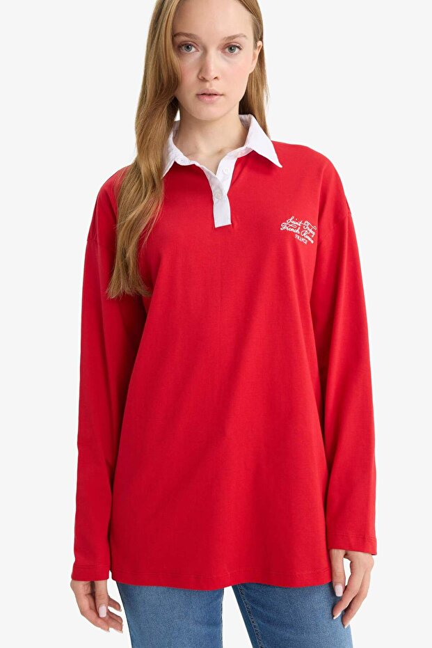 100% Cotton Regular Fit Polo Collar Embroidered Long Sleeve Tunic F0121Ax25Au