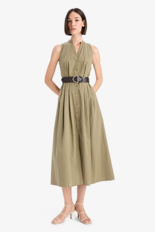 100% Cotton Regular Fit Short Sleeve Belted Sleeveless Midi Dress F7342Ax25Au