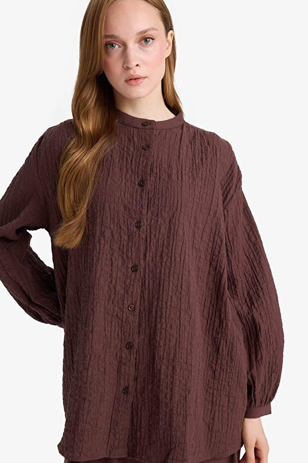 Relax Fit Crew Neck Seersucker Textured Long Sleeve Tunic D4145Ax25Au