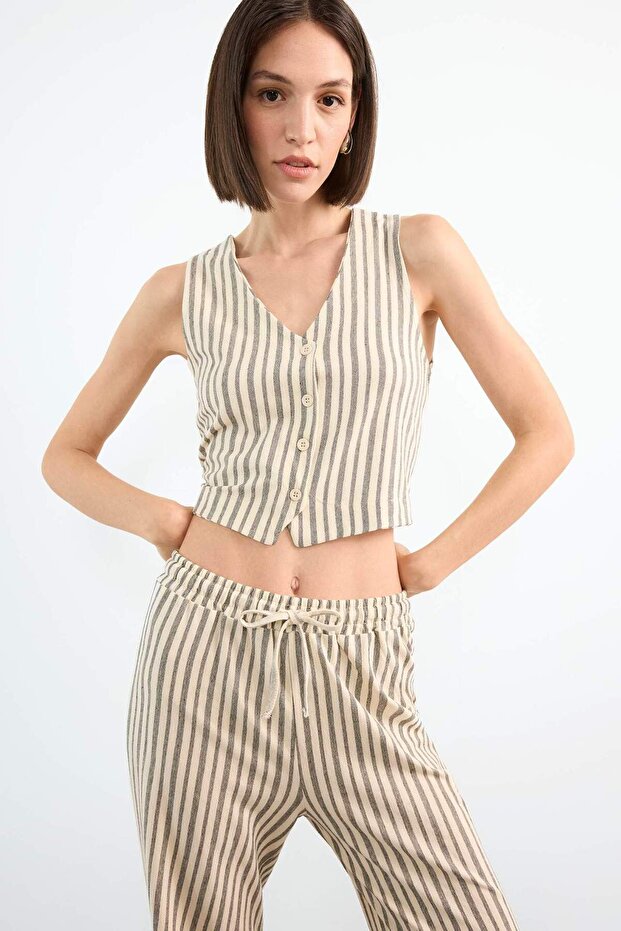 Fitted Striped V Neck Blazer Vest F9014Ax25Sm