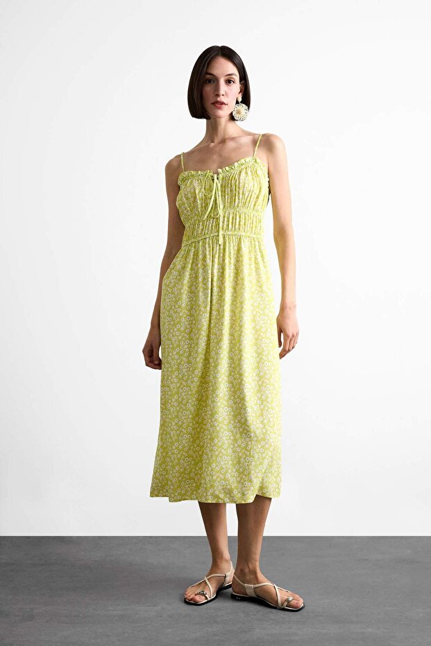 Floral Gathered Collar Strap Midi Dress F7568Ax25Sm