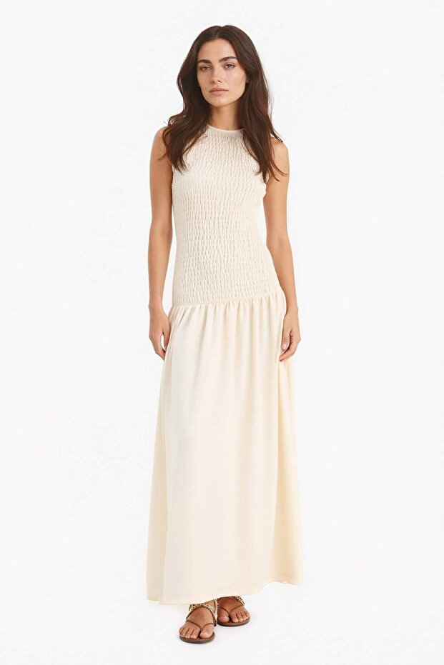 Crew Neck Wrinkled Textured Sleeveless Maxi Dress F7113Ax25Sm