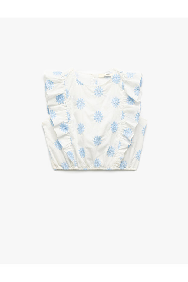 Cotton Crew Neck Sleeveless Floral Embroidery Sleeveless Crop Blouse