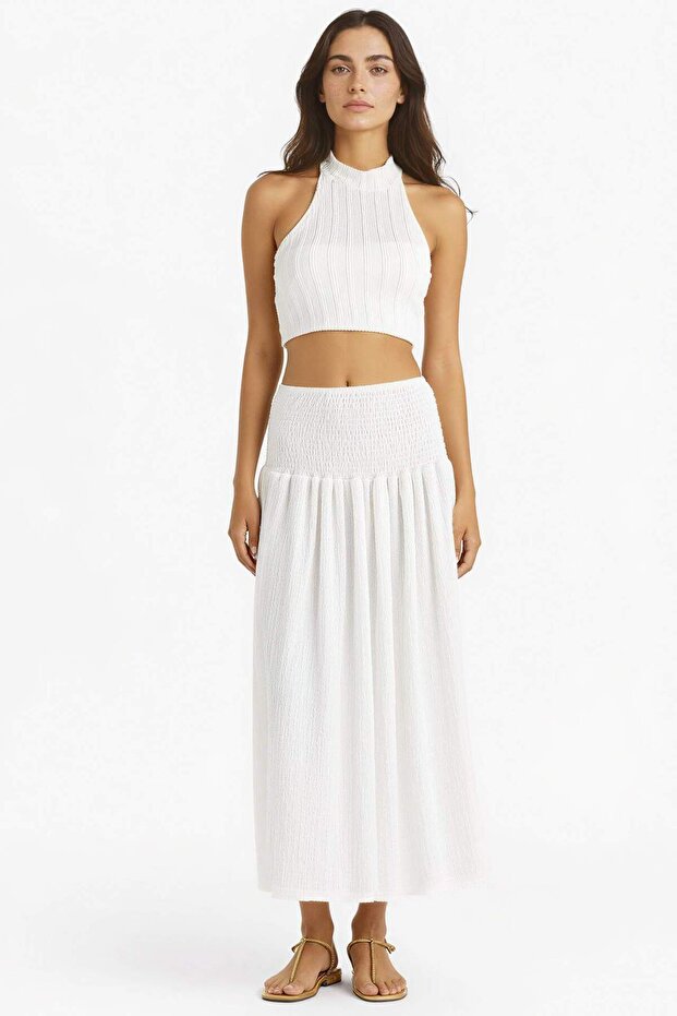 A-Line Regular Waist Pleated Wrinkled Textured White Maxi Skirt F7074Ax25Sm
