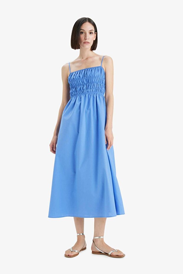 100% Cotton Square Collar Blue Linen Look Gipeli Strap Midi Dress F7070Ax25Sm