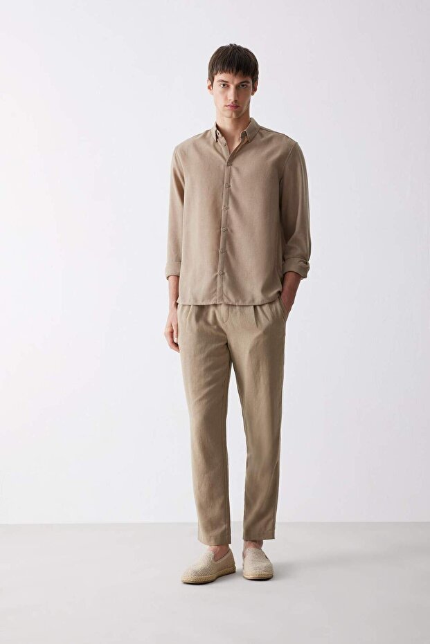 Relax Fit Linen Look Waist Tie Elastic Pocket Trousers E4790Ax25Sm