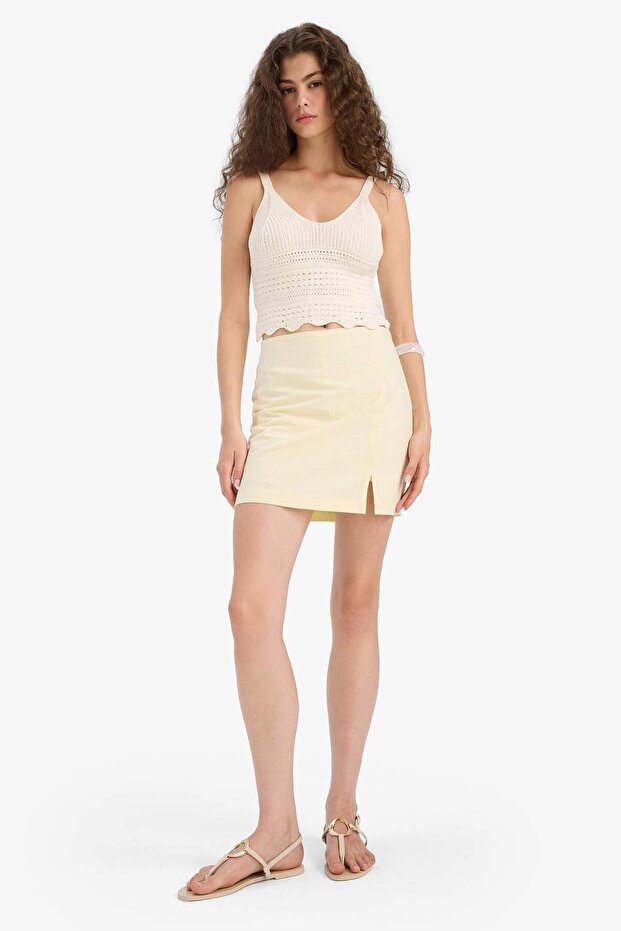 100% Cotton Pencil Regular Waist Lined Linen Look Mini Skirt F6467Ax25Sm