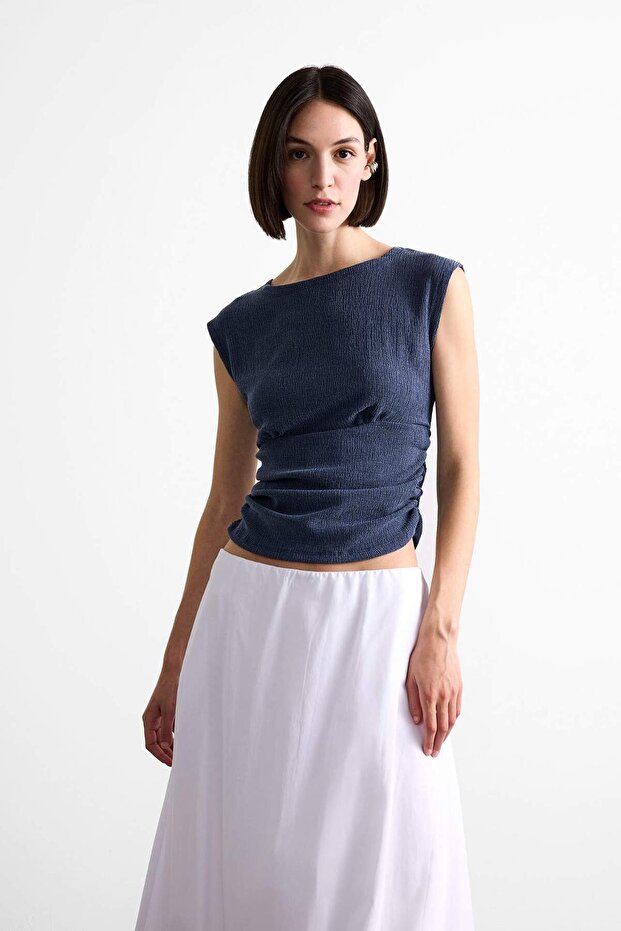 Round Neck Draped Basic Blouse F7491Ax25Sm - 4