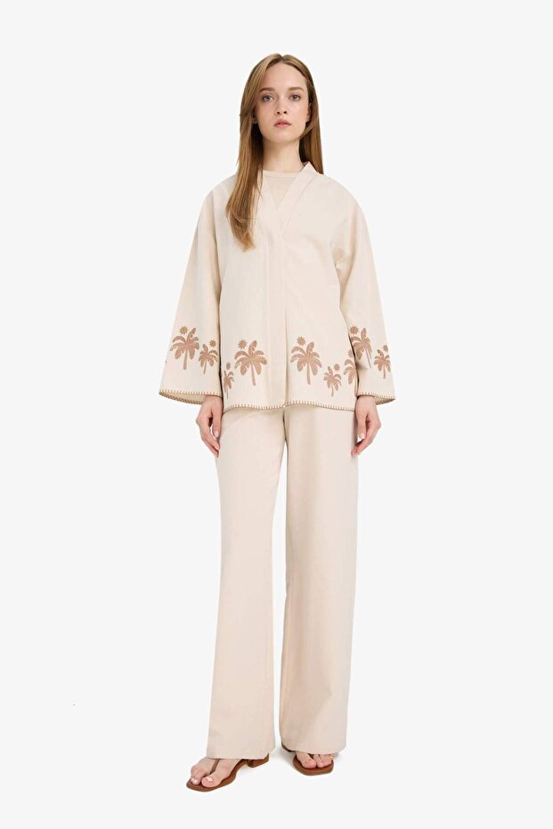 Cotton-Linen Blend Wide Leg Flared Trousers F1395Ax25Sm