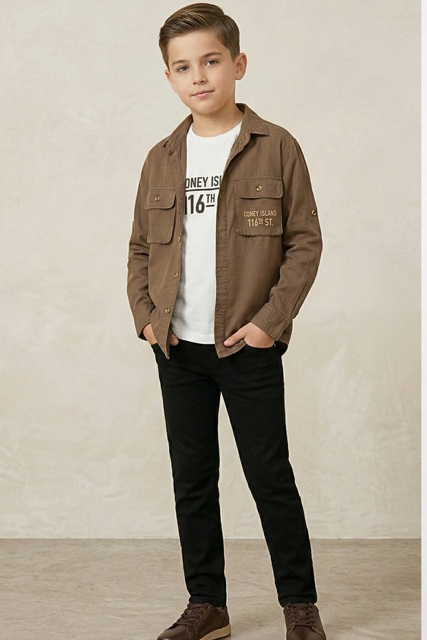 Koçero Brown Shirt White T-Shirt Black Jeans 3-Piece Set (9-12 Years)