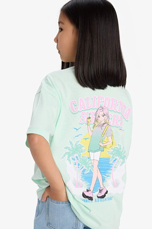 Oversized Loose Fit Crew Neck Back Printed Short Sleeve T-Shirt Girls E0357A825SM