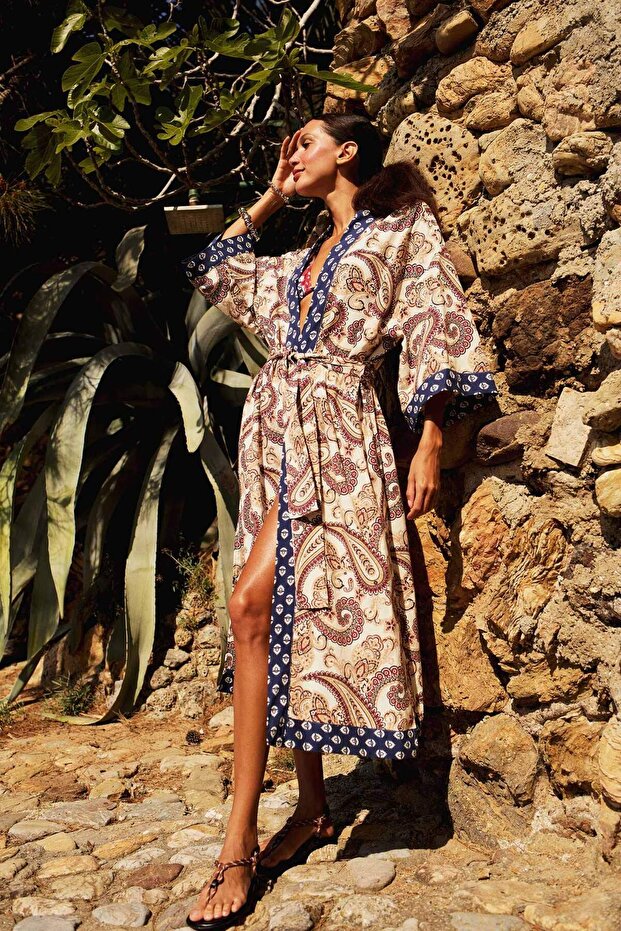 Regular Fit Belted Ethnic Patterned Cotton Kimono D0456Ax25Sp