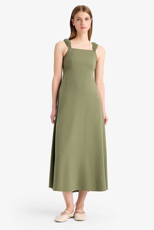 Square Neck Linen Blend Short Sleeve Midi Summer Dress F3198Ax25Sm
