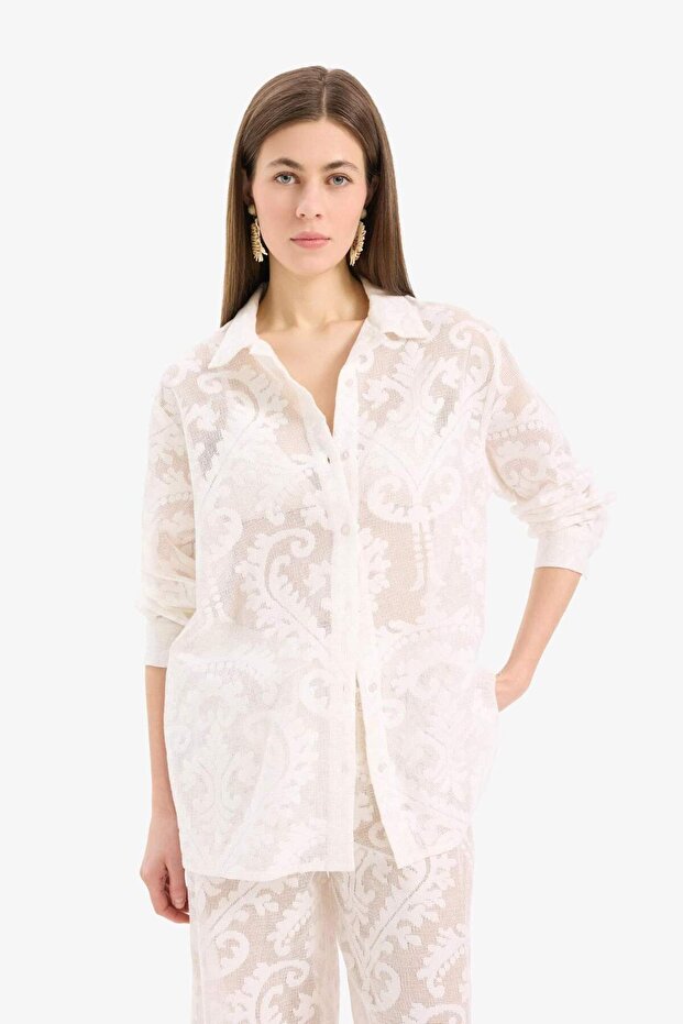 100% Cotton Regular Fit Lace Detailed Beach Shirt D9768Ax25Sm