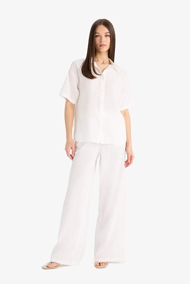 Wide Leg Three-Pocket High Waist Linen Look Standard Length White Trousers A9129Ax25Sm