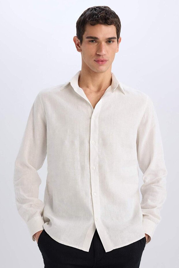 100% Linen Regular Fit Polo Neck Summer Long Sleeve White Shirt D9925Ax25Sp