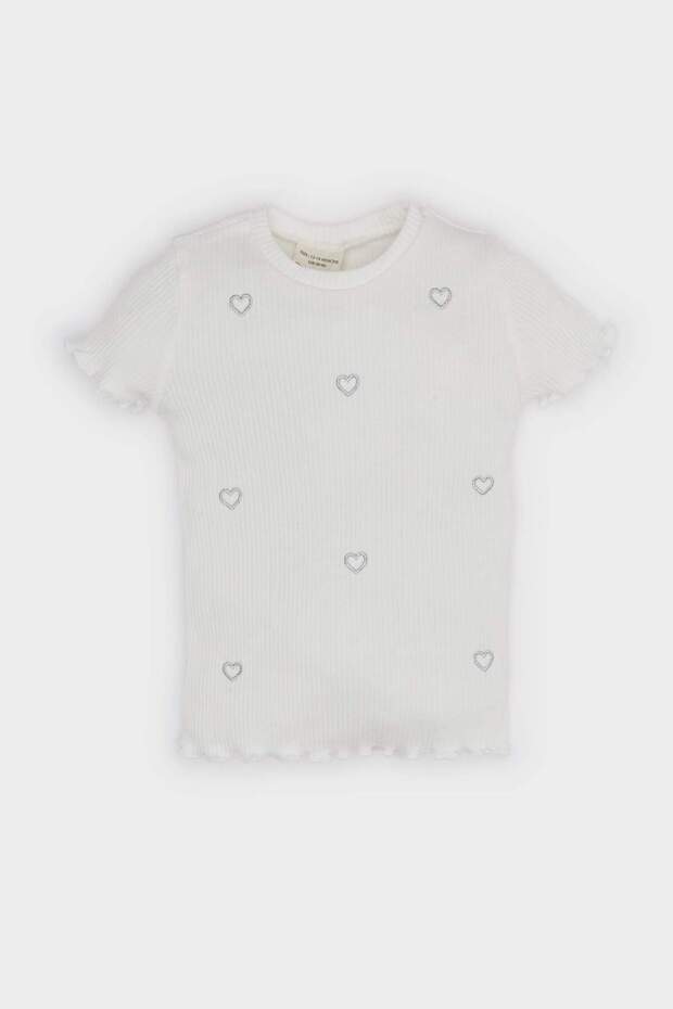 Crew Neck Heart Patterned Ribbed Camisole Short Sleeve T-Shirt Baby Girl F3692A525Sm