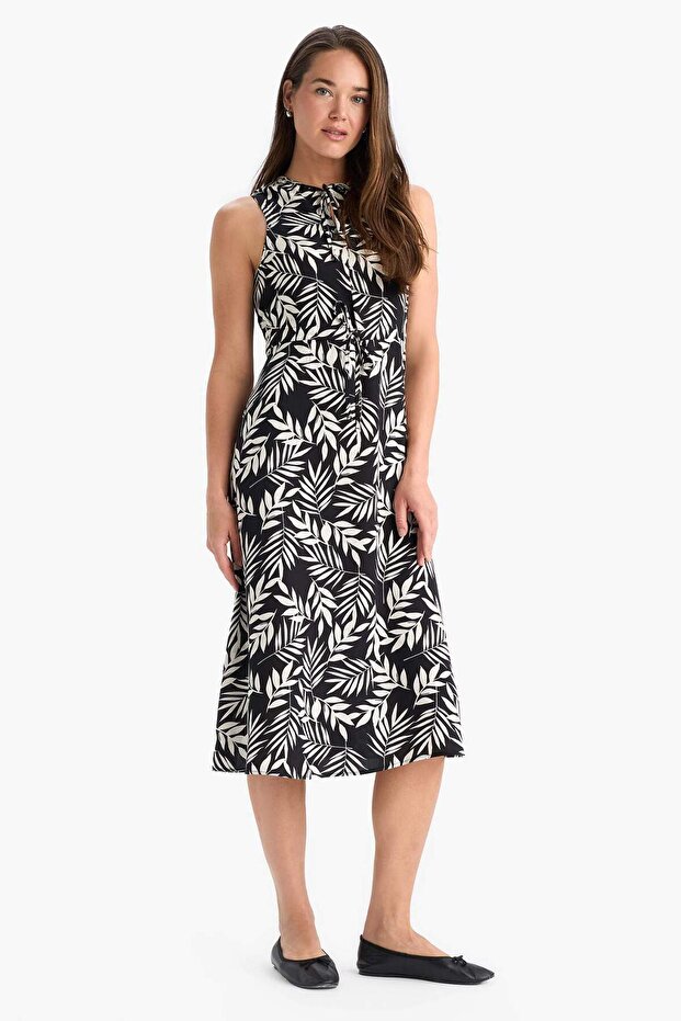 Regular Fit Gathered Collar Floral Sleeveless Midi Summer Dress E9436Ax25Sm