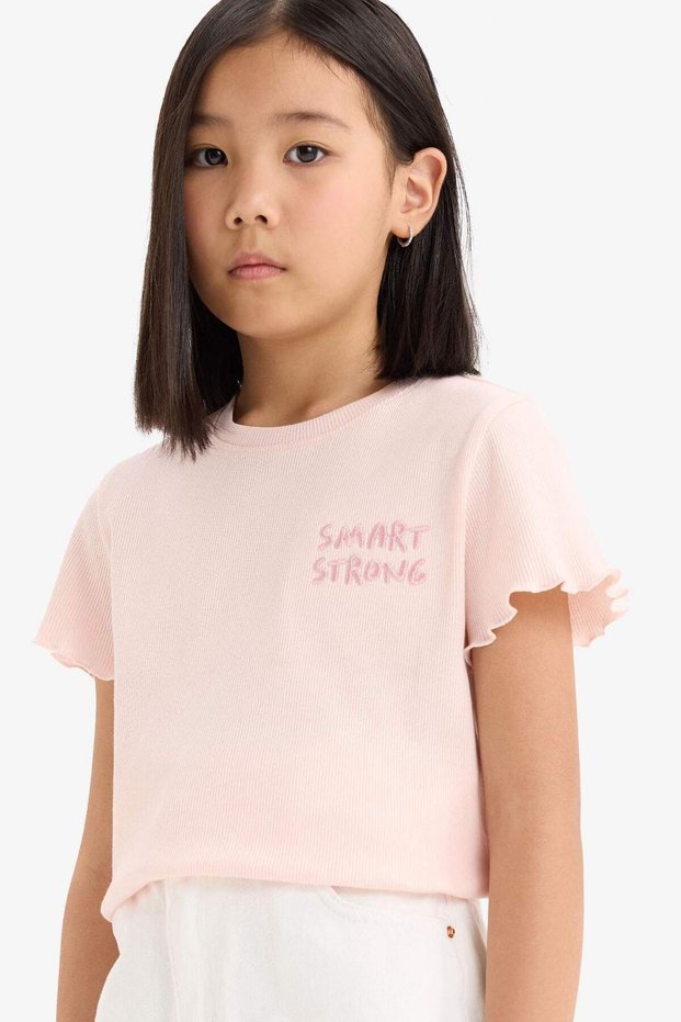Slim Fit Narrow Cut Crew Neck Printed Ribbed Camisole Short Sleeve T-Shirt Girls D9537A825Sm