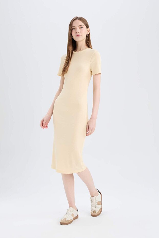 Bodycon Body-Hugging Crew Neck Ribbed Camisole Short Sleeve Midi Dress E6926Ax25Sp