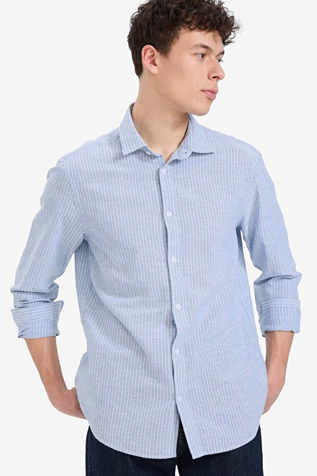 Regular Fit Polo Neck Striped Linen Summer Long Sleeve Shirt E1730Ax25Sp