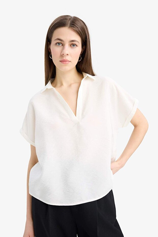 Comfort Fit Hemdkragen Basic einfarbige Kurzarmblus E5989AX25SP - 3